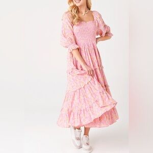 Loveshackfancy Pink Floral Capri Smocked Midi Dress M